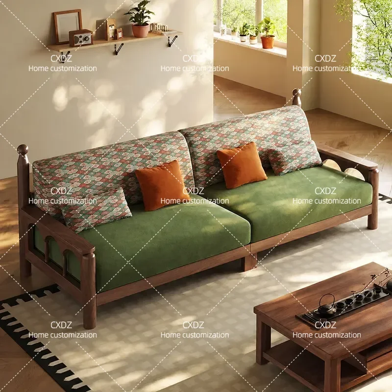 New Chinese Style Solid Wood Sofa Black Walnut Medieval Modern Minimalist High End Living Room Fabric Straight Row Couch