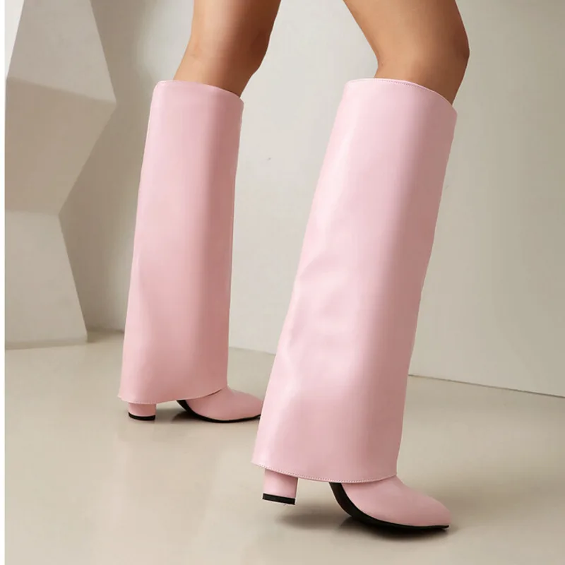 

Розовые женские сапоги до колена на толстом каблуке с острым носком для весны и осени, модные и сексуальные