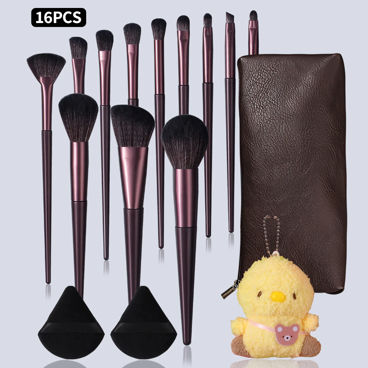 16Pcs Dark Purple Makeup Brush Set Soft Synthetic Hair Face Eye Cosmetic Brushes, 2 Triangle Velvet Powder Puffs, Brown Leather