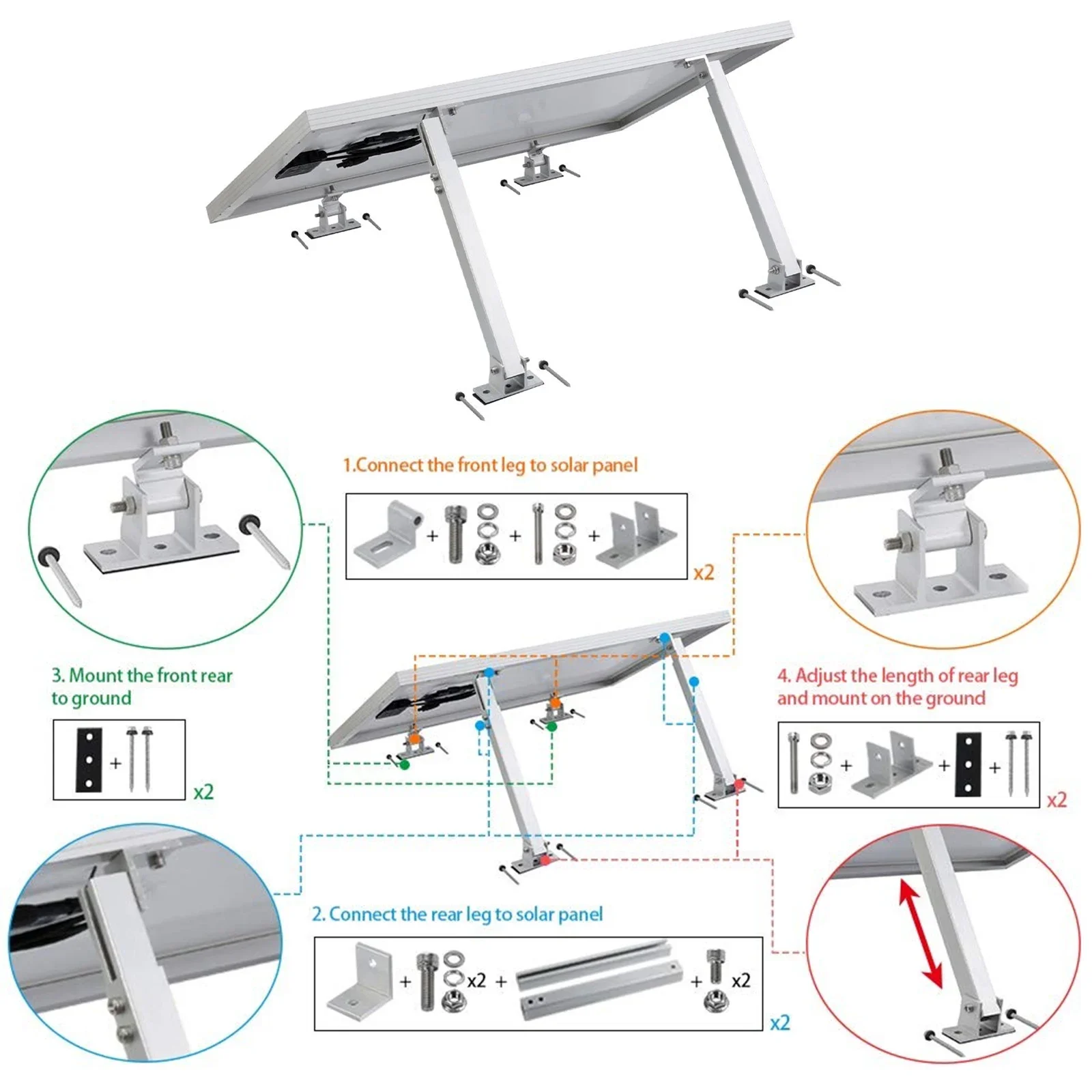 Paquete de soporte de Panel Solar, espaciadores de pies de soporte ajustable de aluminio de acero inoxidable, juego de tornillos de enchufe hexagonal, 13 × 11 × 7 Cm