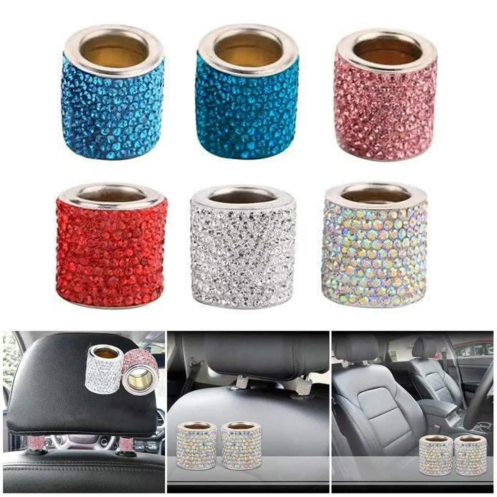 2Pcs Diamond SUV Car Headrest Seat Headres Collars Rings Decor Ice Bling