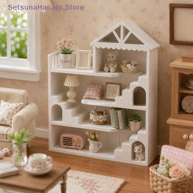 [W]1Pc White Multi Story Staircase Villa Display Shelf For Dollhouse Mini Tiered Organizer With Balcony
