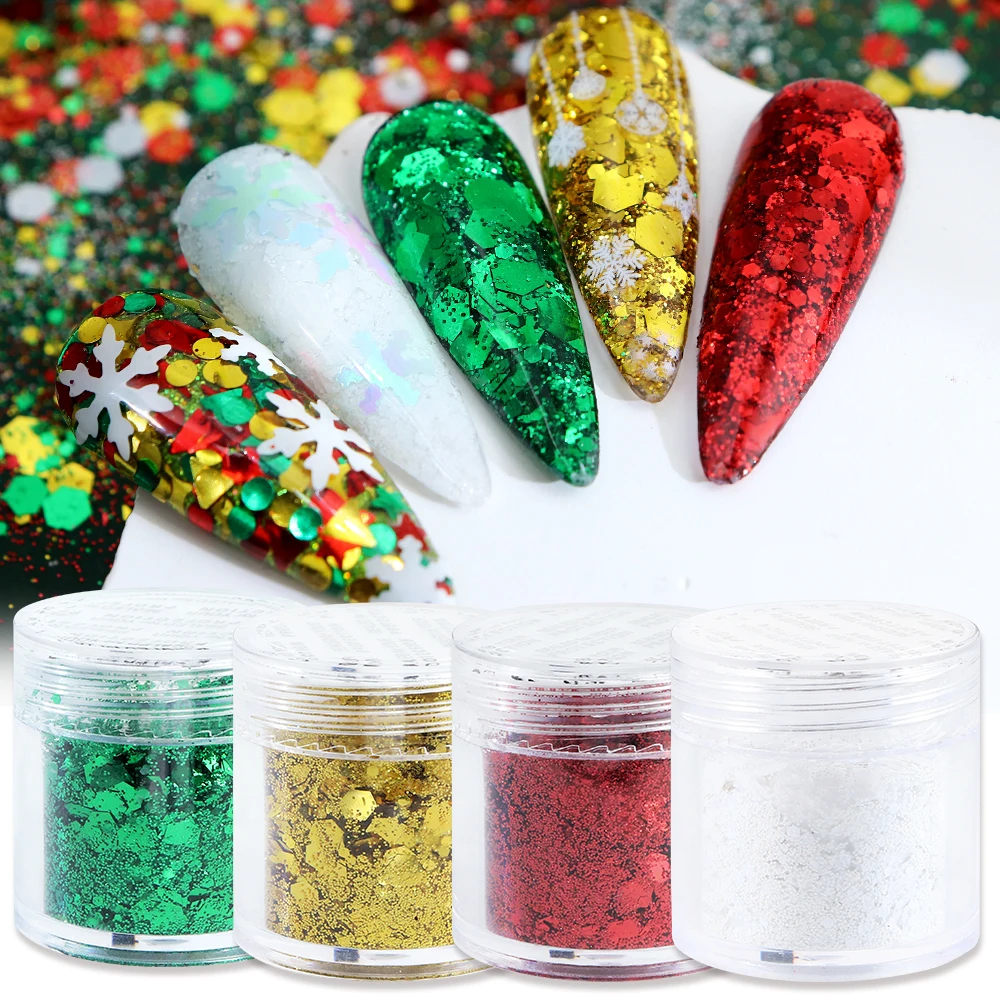 4개/세트 육각형 스팽글 크리스마스 네일 아트 부품 레드 그린 청키 글리터 플레이크 크리스마스 매니큐어 장식 액세서리 네일 참