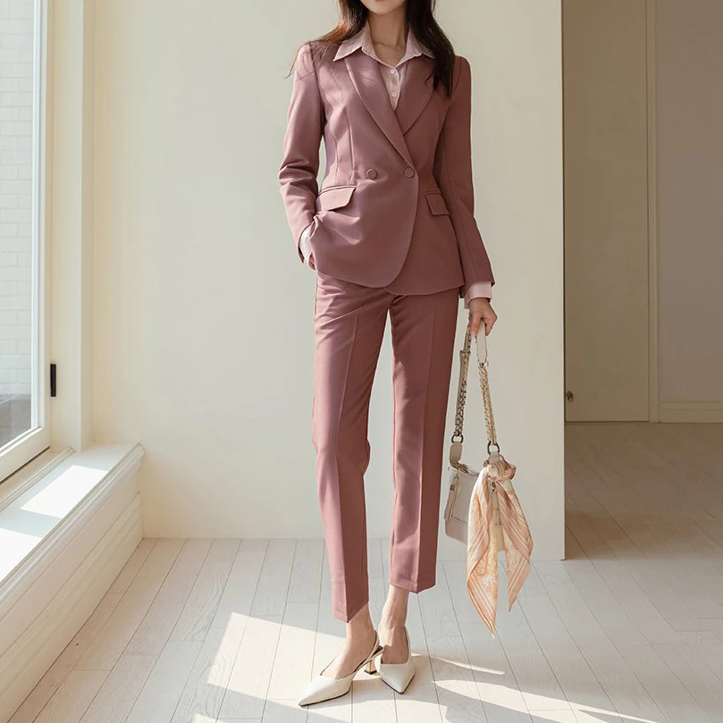 Fashion Ladies Pant Suit Formal Women Office Business Work Wear Blazer And Trouser 2 Piece Set with Pocket Chic Female Clothes