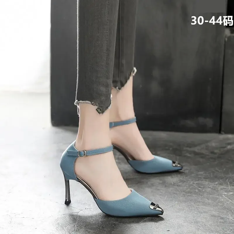 30-44 Pointed Women Shoes Small Size 31 32 33 Buckle Stiletto Heels Blue Sexy High Heels Party Shoes