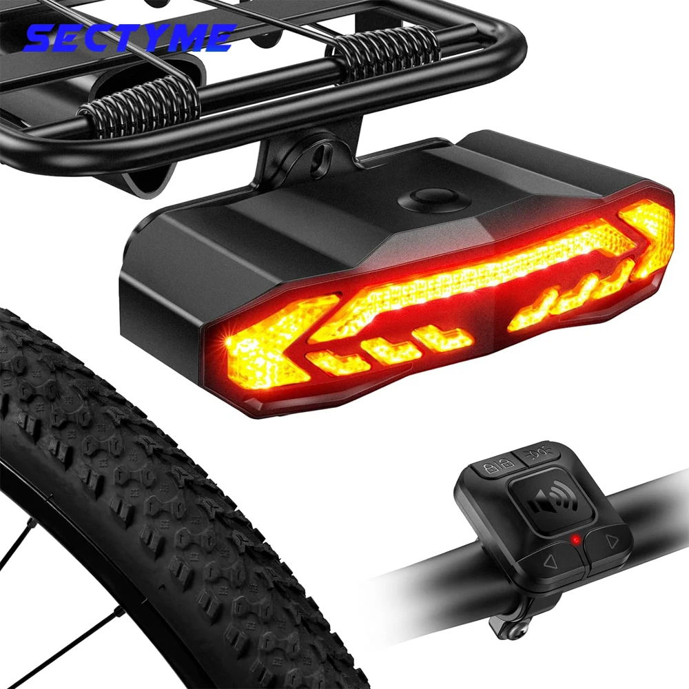 Sectyme Bike Tail Light com Turn Signals, Luz de freio, controle remoto sem fio, Bike Horn Alarme, Carga Rack, recarregável