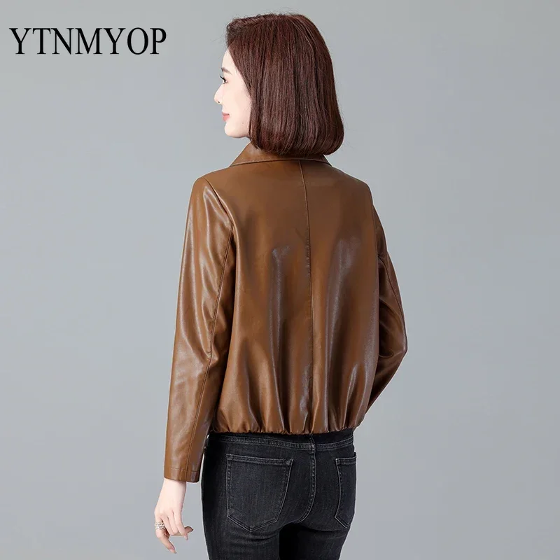 Spring Leather Jacket Women Turn-Down Collar Solid Elegant Suede Clothing M-3XL Office Lady Zipper Jacket Coat