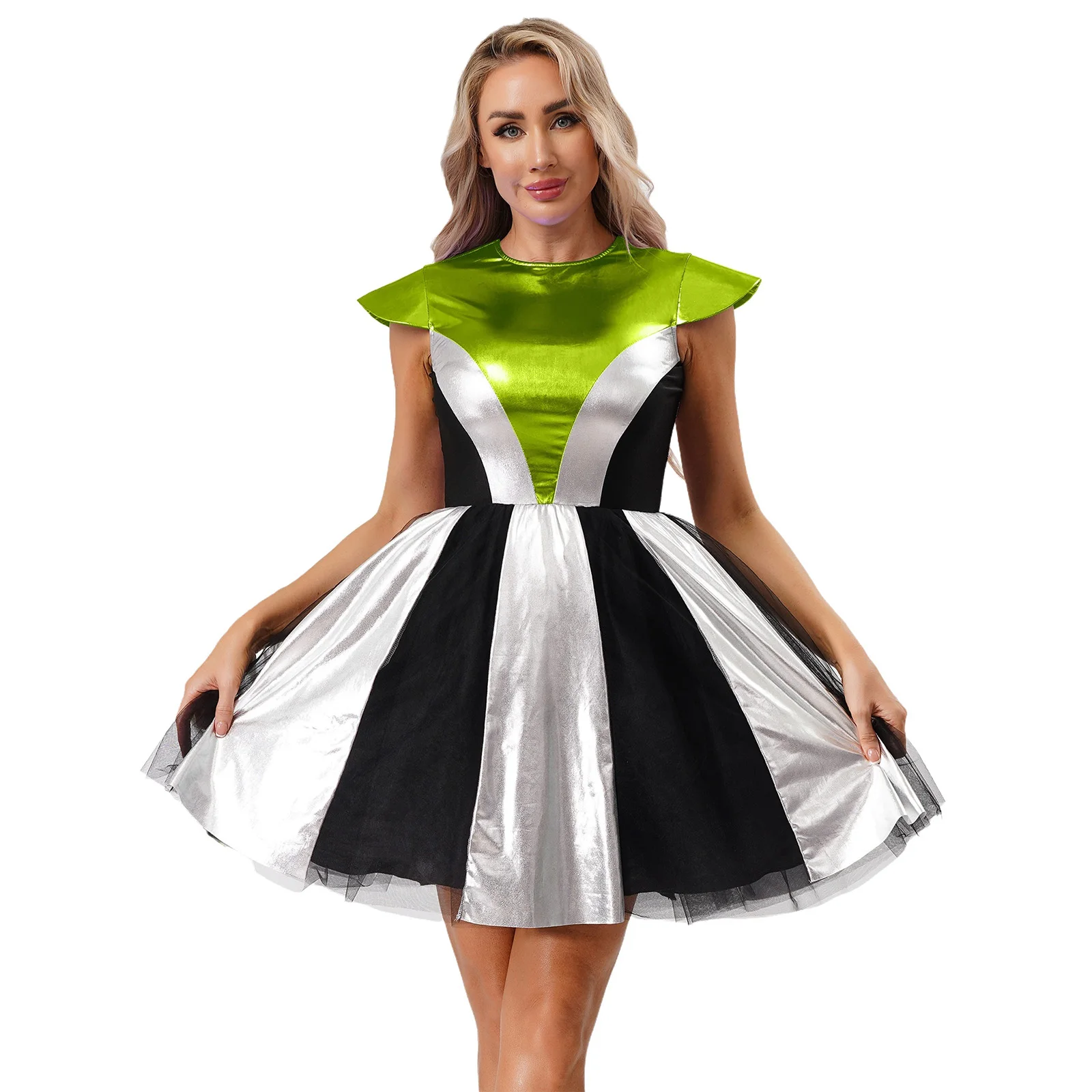 

Women Halloween Space Alien Astronaut Cosplay Costume Shiny Metallic Short Sleeve Puffy Dress for Cosplay Alien Themed Parties