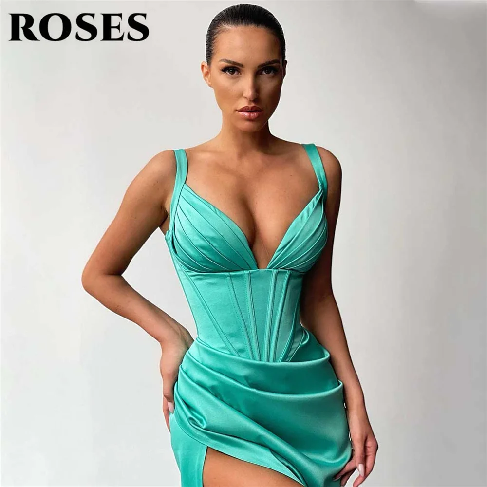 ROSES Simple Pink Evening Dress V-Neck Sleeveless Mermaid Party Dress Vestido De Novia Sexy Side High Split Pleats Prom Dress