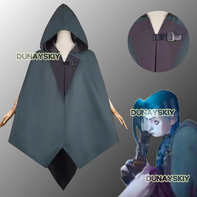 Jinx Cosplay Women Fantasy Green Hooded Cloak Game LOL Costume Female Top Cape Outfits Halloween Carnival Suit Roleplay Cloth