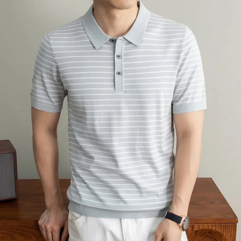Mens Luxury Silk Blend Short Sleeve Tee Casual Fashion T-shirt Old Money Style Topy For Daily Wear