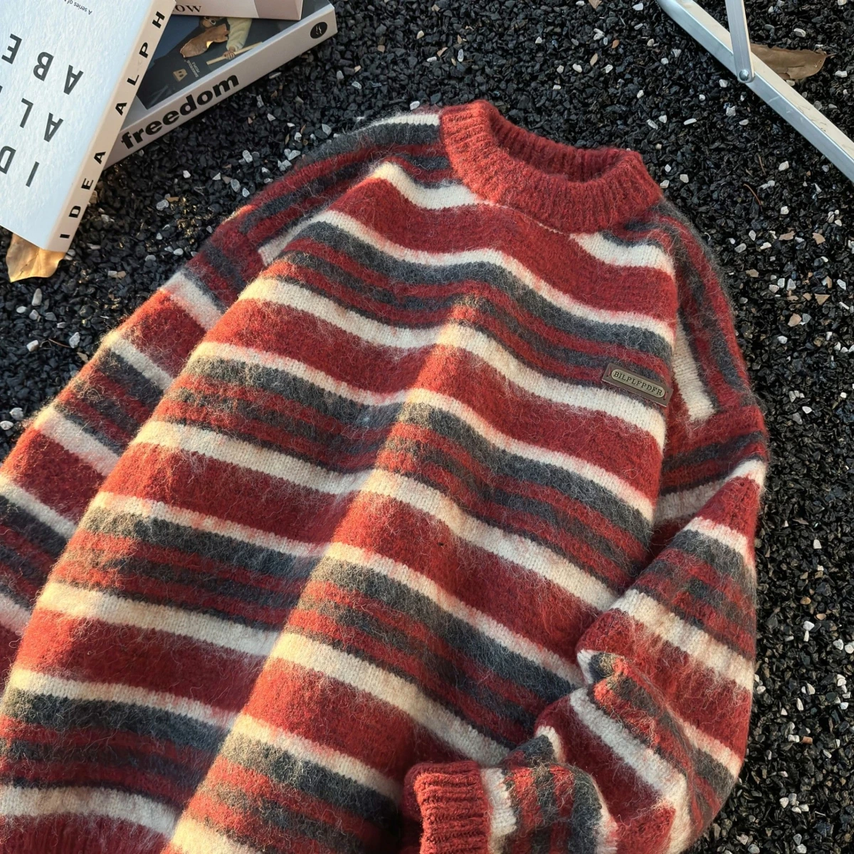 

Американский винтажный свободный свитер в полоску для колледжа Ne Lazy Sle, универсальный вязаный свитер для мужчин и женщин, модный