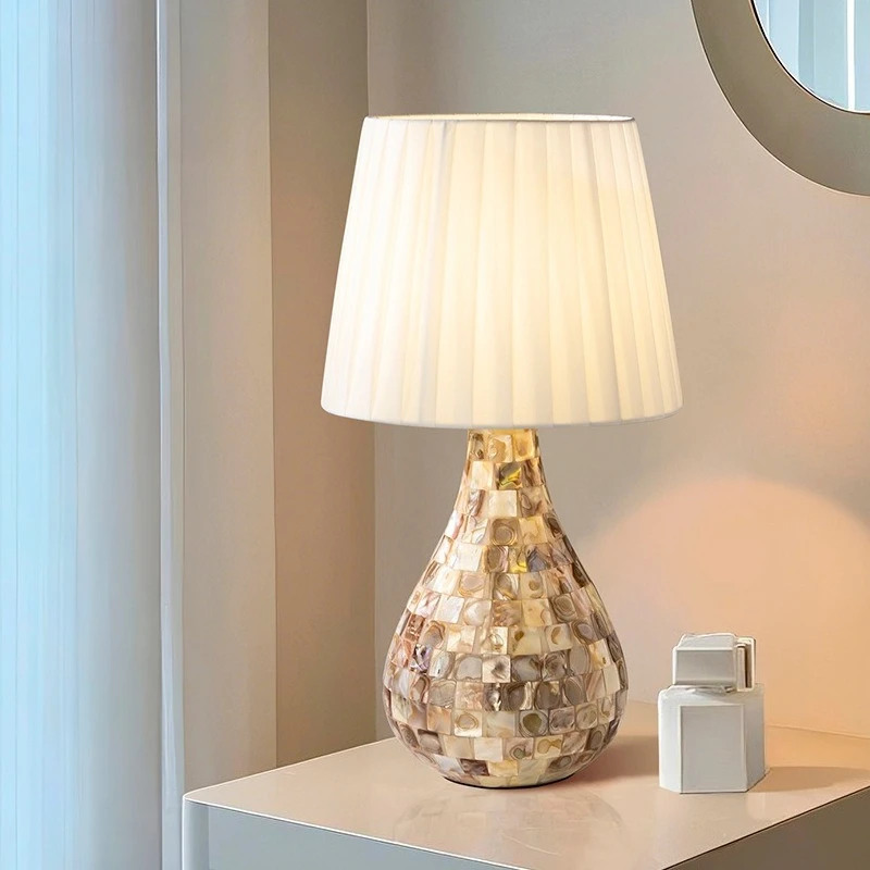 European Luxury Natural Shell LED Floor Lamps White Pleated Fabric Lampshade Living Room Bedroom Study Office Hotel Table Lights