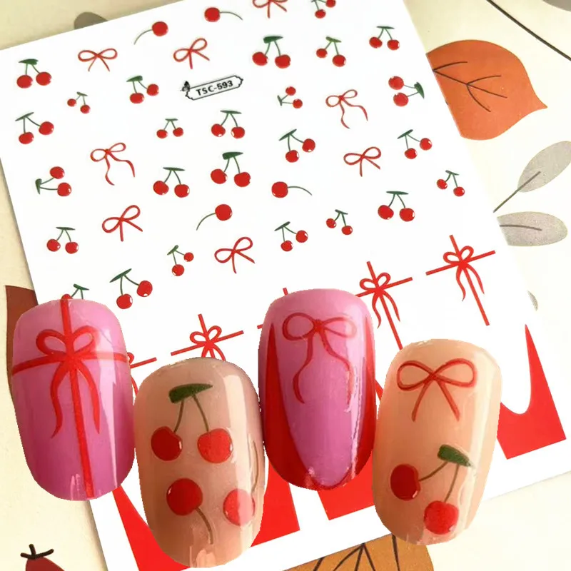 1 PC Red Bowknot Cherry Design 3D Self Adhesive Back Glue Decal Slider DIY Decorations Tools Nail Art Sticker TSC 593