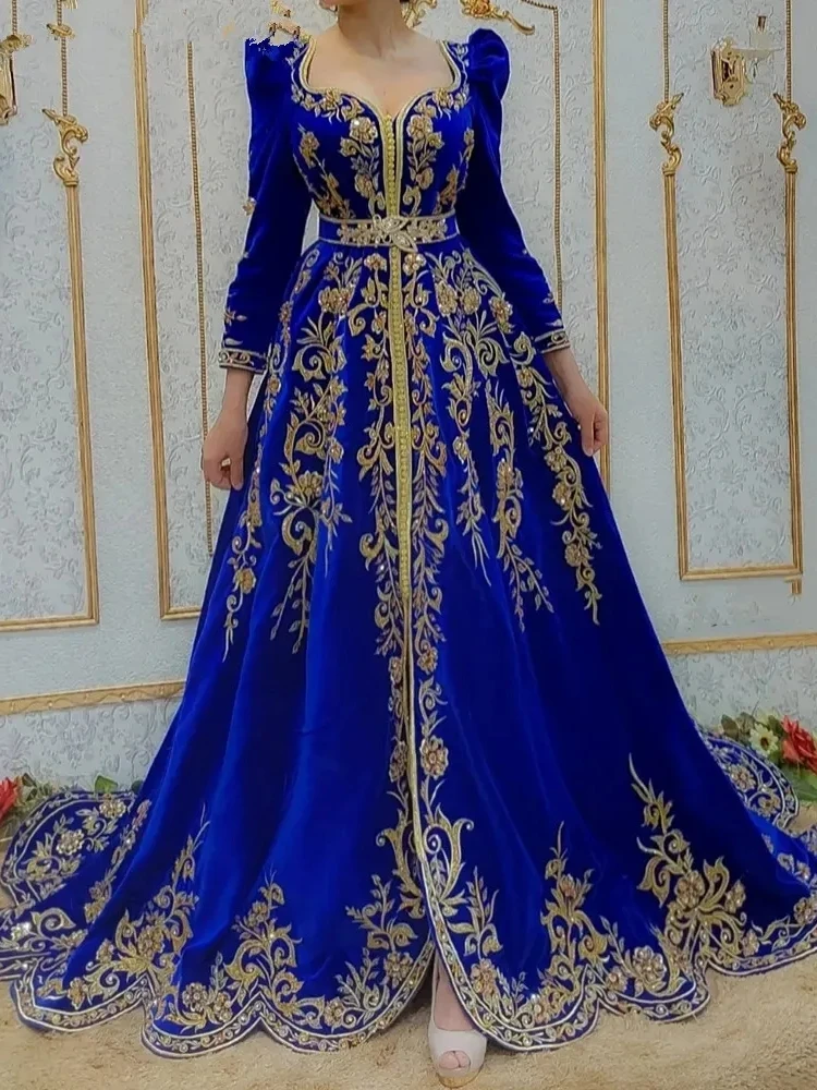 Königsblau lange Ärmel Abendkleider marok kanis chen Kaftan formelle Party Ballkleider Gold Spitze Applikationen algerian ische Outfits Karakou