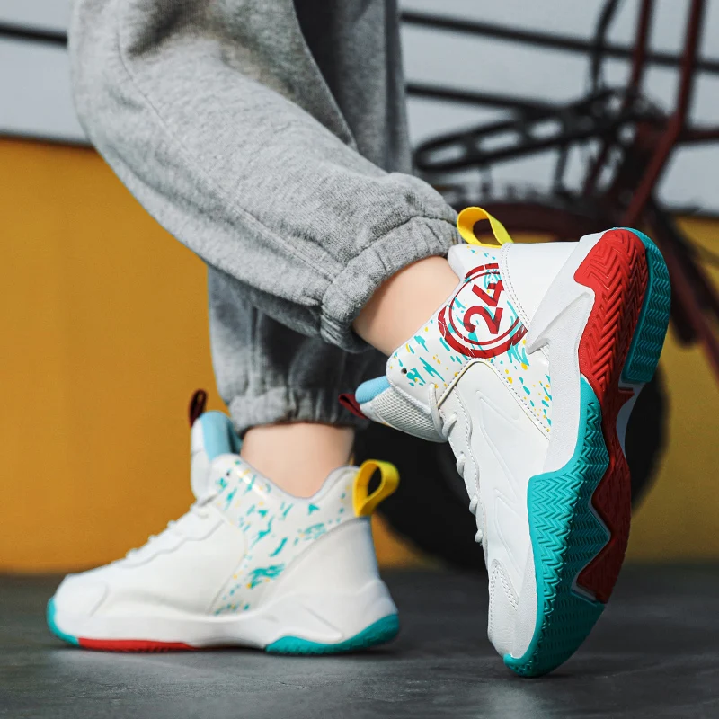 Leather Children Basketball Shoes for Boys Kids Teenagers Sports Shoes Breathable Non-slip Lace Up Outdoor Training Sneakers