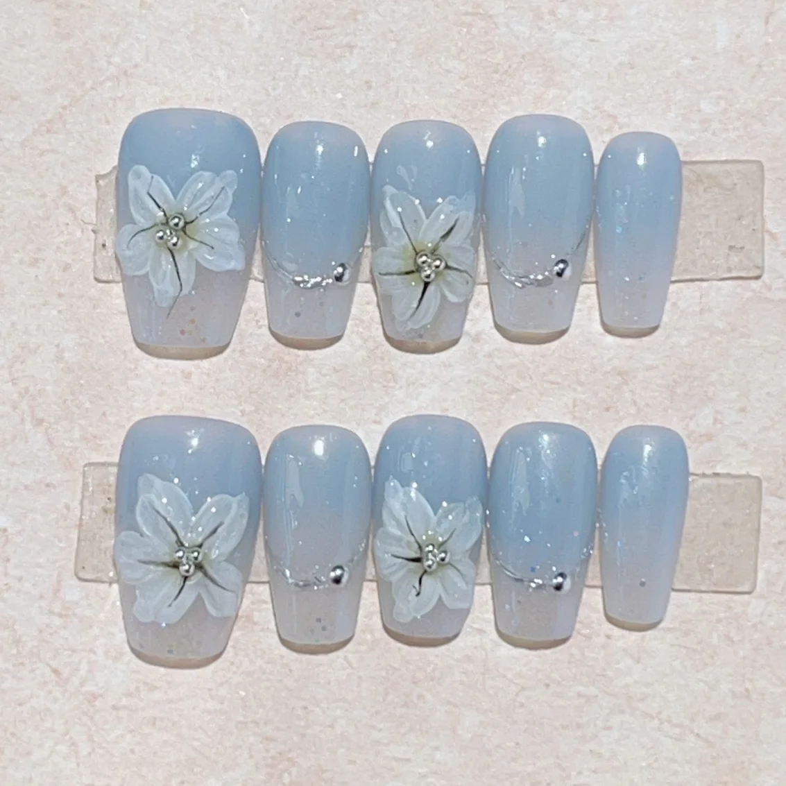 Uñas postizas pintadas a mano, 10 piezas, mariposa, cubierta completa, flor azul, Ballet francés, usable, manicura