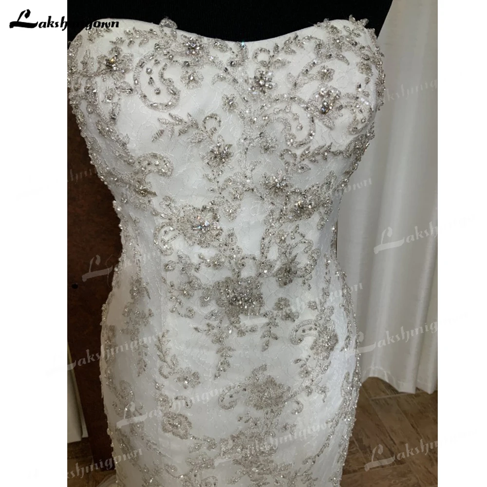 Precioso vestido de novia con cuentas de cristal de plata, vestido de sirena con encaje sin tirantes, largo hasta el suelo, hecho a medida, vestidos de noche