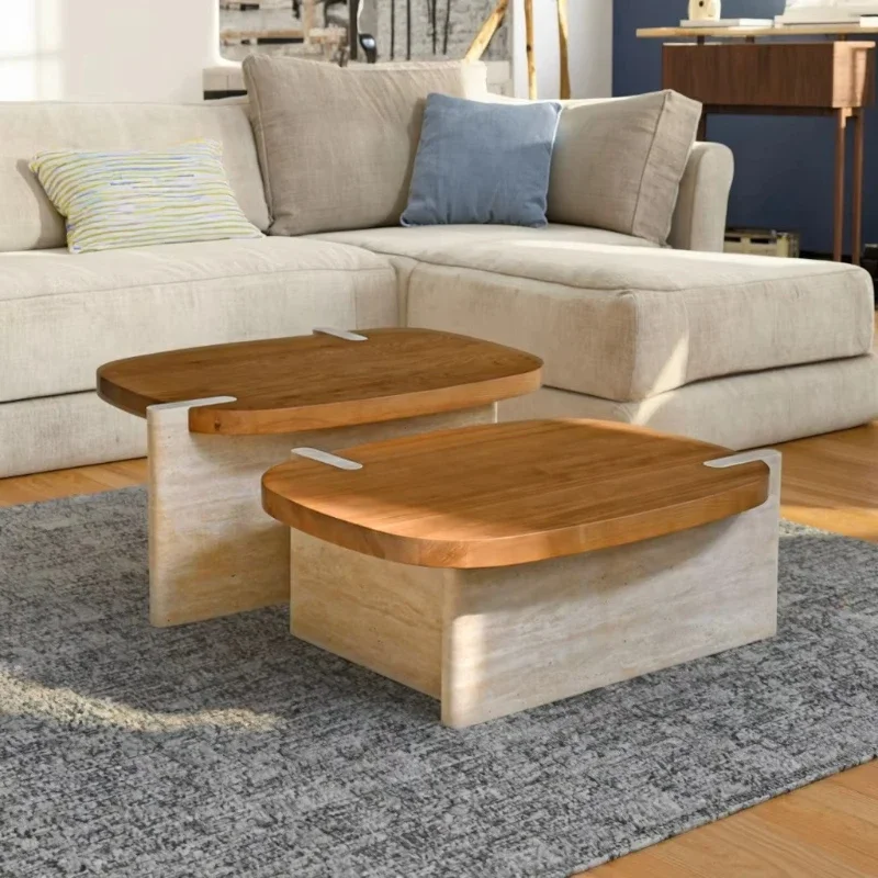 

Italian luxury style beige stone nesting table modern beige travertine solid wood living room coffee table