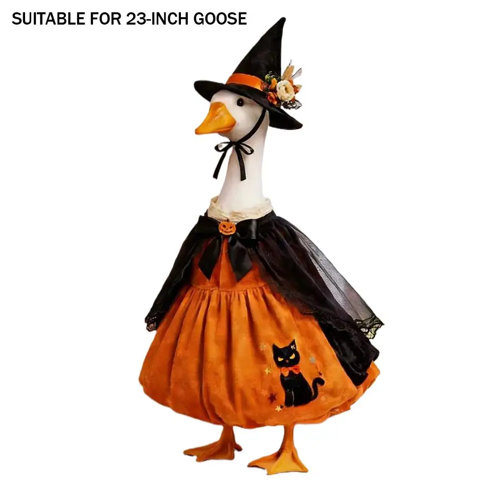 Halloween-Gänse-Hexen-Kostüm mit Hut, Schwarzes-Katzen-Muster, Garten-Veranda-Gänse-Dekor-Outfit für Party, Garten und Außenstatuen – Detail 11