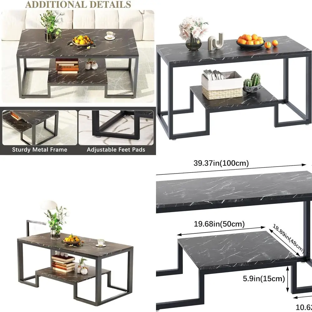 

Современный прямоугольный двухъярусный журнальный столик из черного искусственного мрамора с металлическим каркасом для гостиной и домашнего офиса