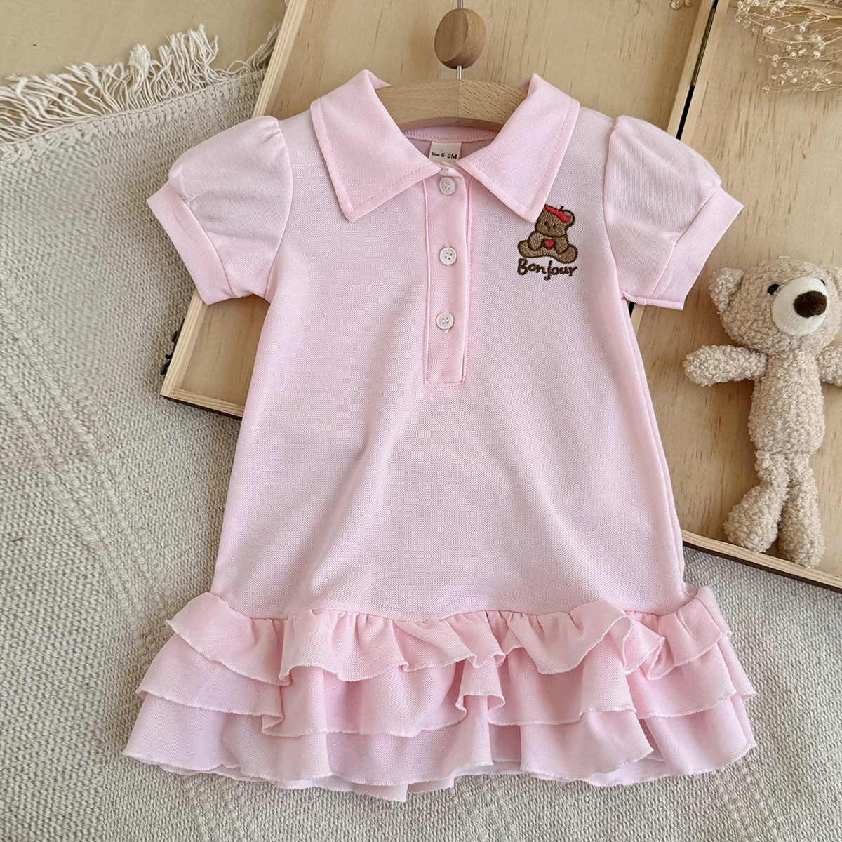 Stylish Toddler Girls Dress with Short Sleeves Lapel and Adorable Embroidered Little Bear - Perfect for Summer 0-3Y