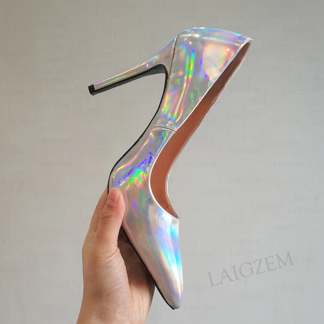 ZHIMA Women Pumps Pointy Toe Slip On Holographic Stiletto High Heels Sandals Party Prom Ladies Shoes Woman Large Size 40 45 47