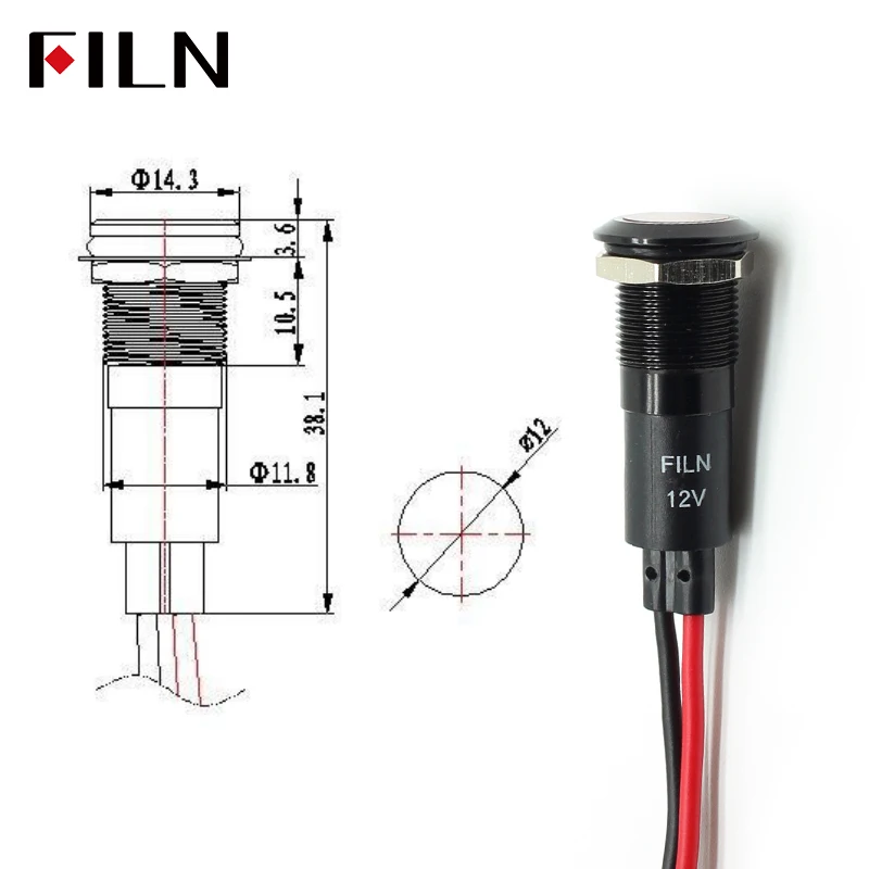 FILN 12mm Wodoodporna lampka kontrolna LED IP67 Metalowa lampka sygnalizacyjna 12V Głowica lampki kontrolnej do samochodu Światło łodzi