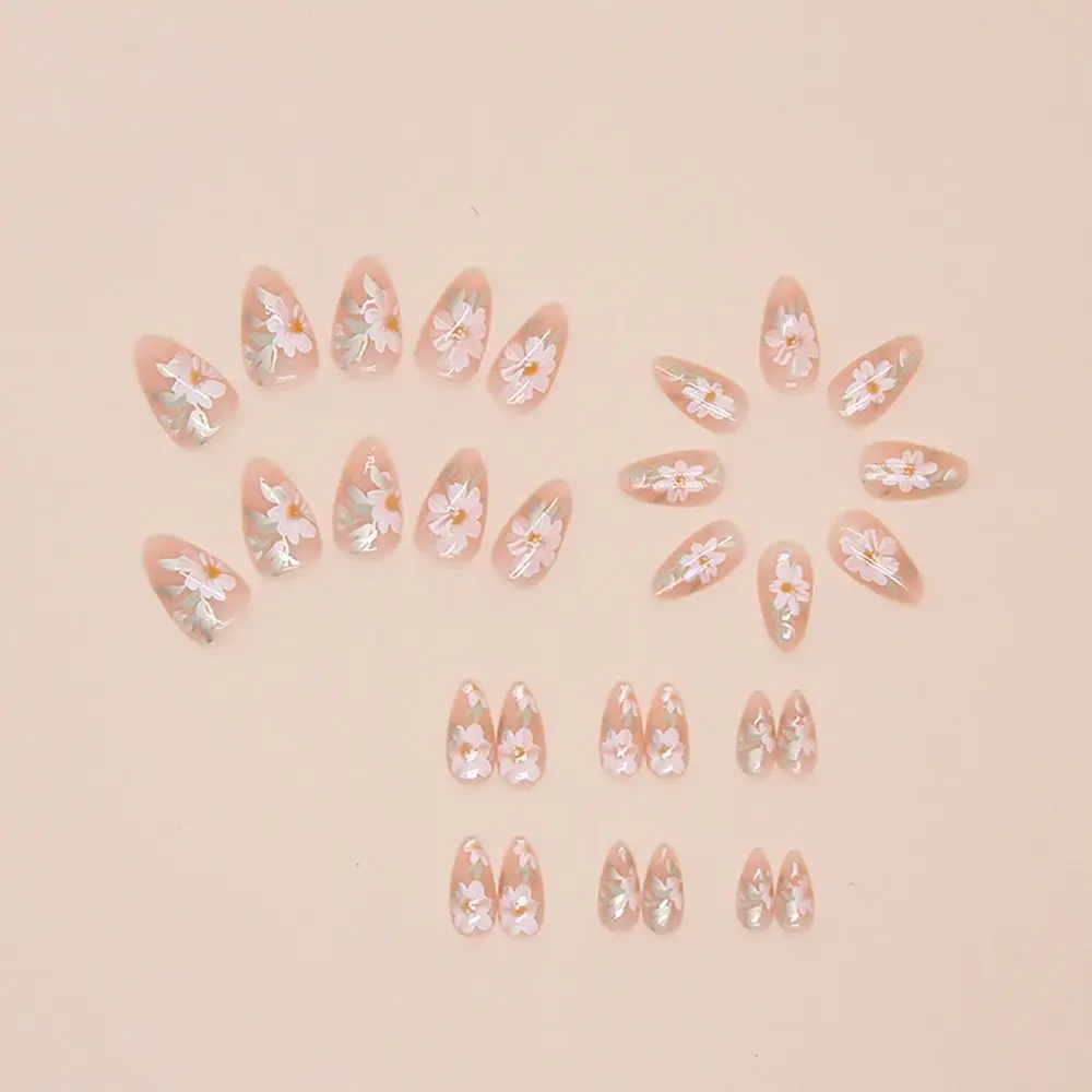 24/30PCS Reusable 3D Effect False Nail Pink Bow Glitter Fake Nail Full Cover Green Ripple Press on Nails for Women Girl