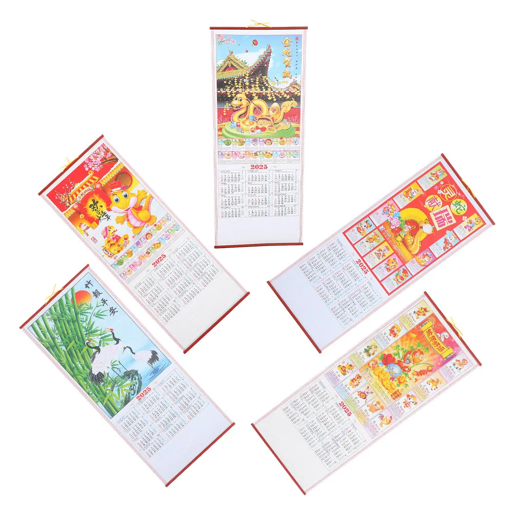 

5Pcs Hanging Scroll Wall Calendar Snake Year 2025 Chinese Style Monthly Calendar Office Home Planning Daily Use