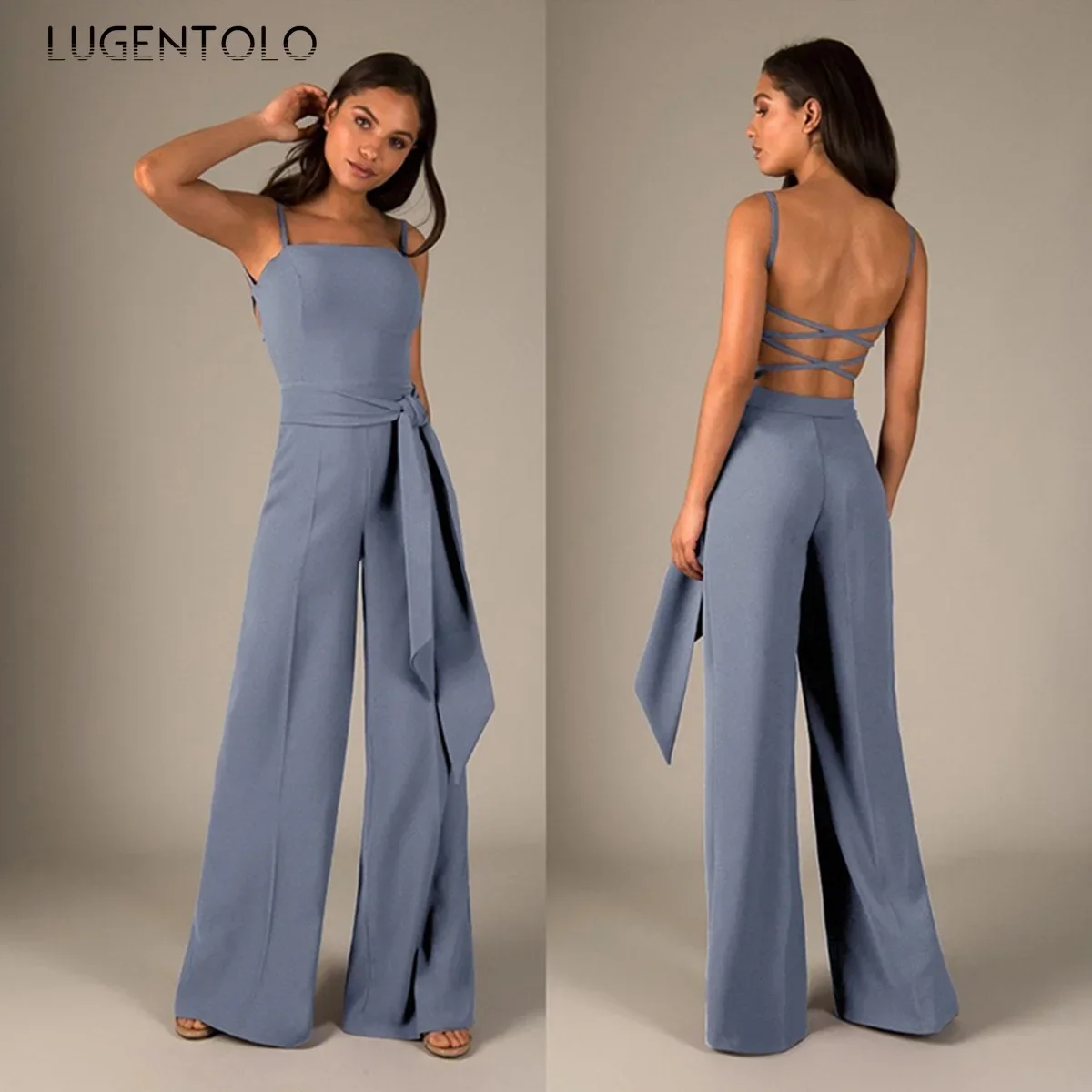 Sexy Jumpsuit Dames Temperament Mouwloos Backless Effen Dames Feest Nachtclub Lange wijde broek Lugentolo