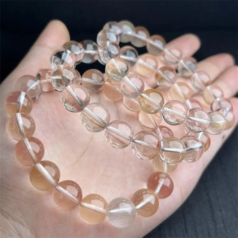 12MM Natural Pink Rabbit Hair Quartz Bracelet Women Round Jade Stone Yoga Mala Beads Healing Jewelry Meditation Wristband Gift