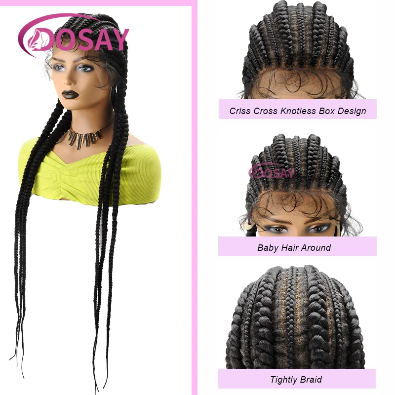 Peruki syntetyczne w stylu cornrows, 91 cm, afrykańskie warkocze, peruki typu lace, peruki full lace front dla czarnoskórych kobiet, bezknotowe włosy do zaplatania w box braids.