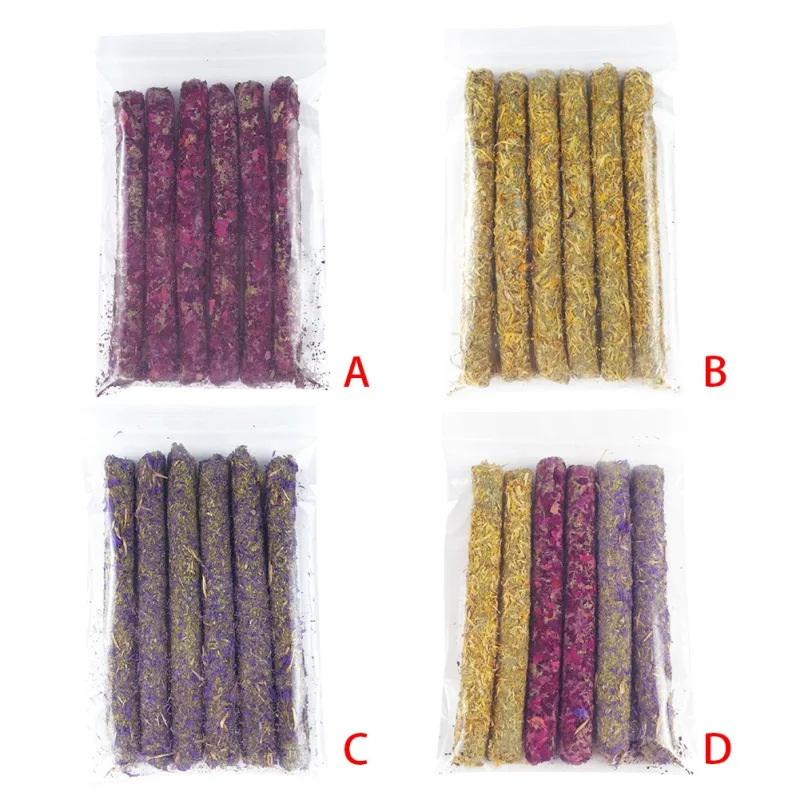 6pcs Rabbit Chew Sticks Mixed Natural Flower Chew Toys Treats for Rabbit Bunny Chinchilla Guinea Pig Hamster Molar Snacks