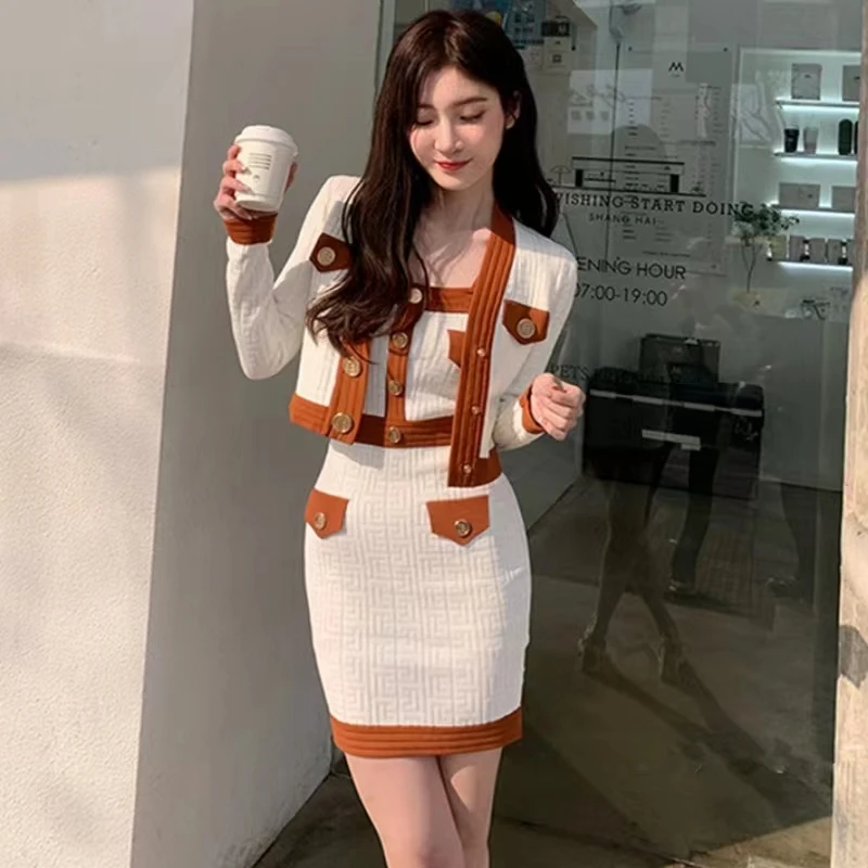 New Autumn Winter Two Piece Set Women Knitted Elegant Single Breasted Short Cardigan Coat + Sling Mini Dress Suit Korean Fashion