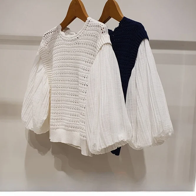 

Slimming Effect 00% Cotton Knitwear V-Ne Long Sve Splicing Hollow out Elastici Versatile QPP Commute Sle Korean Ver...
