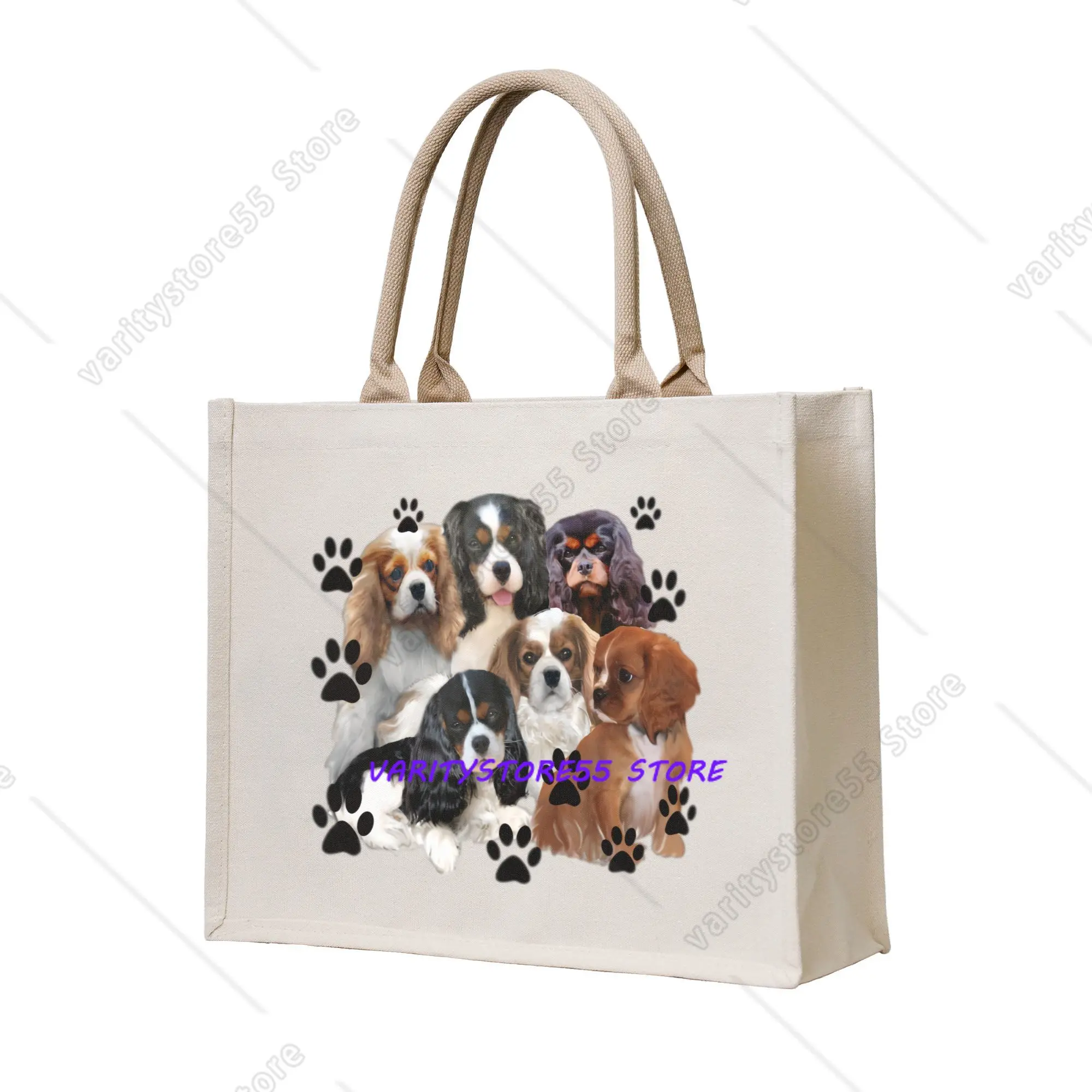 Reusable Dog Cavalier King Charles Spaniel Family Group  Shopping Bag Women Tote Bag Portable  Grocery Shopper Bags
