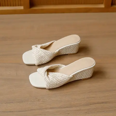 Women Beige Twist Knit Raffia Wedge Slide Sandals Square Open Toe Slip On Straw Weave Mules Summer Vacation Casual Shoes Leisure