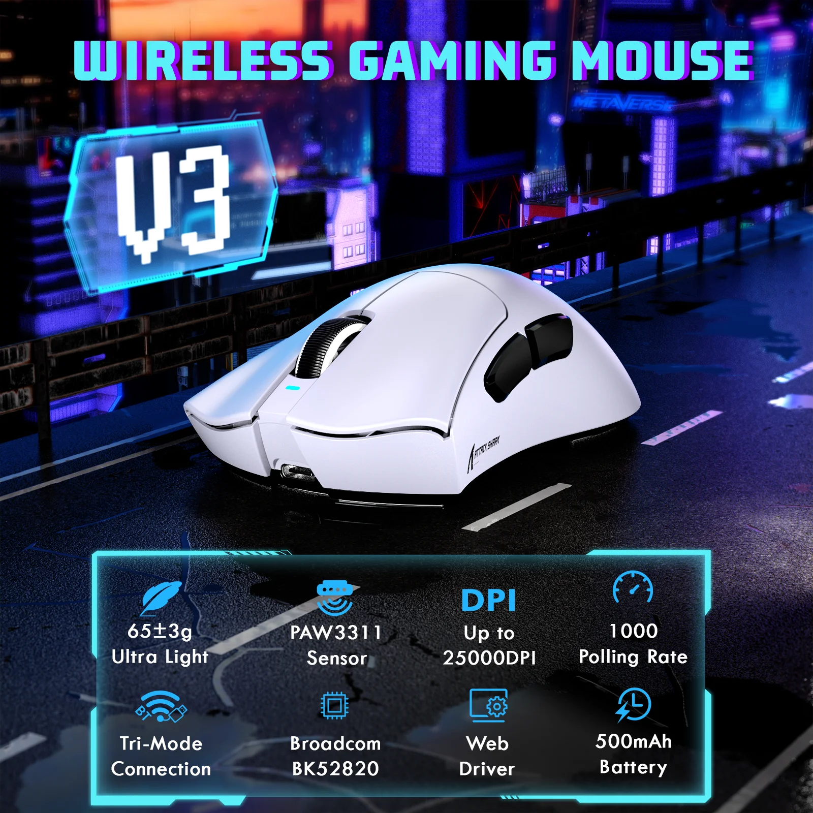 ATTACK SHARK V3 Ultra-Light Tri-Mode Gaming Mouse, 1000hz Polling, 25000 DPI, PixArt PAW3311, 500mAh Battery, BT/2.4G/Wired