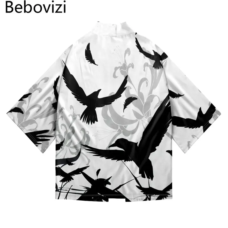 

Fashion Crow Print Cardigan Haori Beach Yukata Traditional Kimono Shorts Japanese Streetwear Women Men Shirts Samurai Tops