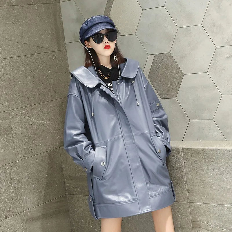 Leather jacket 2023,Designer Women Loose Fit Hoody Midi Long Jacket Harajuku Hip Hop Loose Outwear Trench Coat Windbreaker Genui