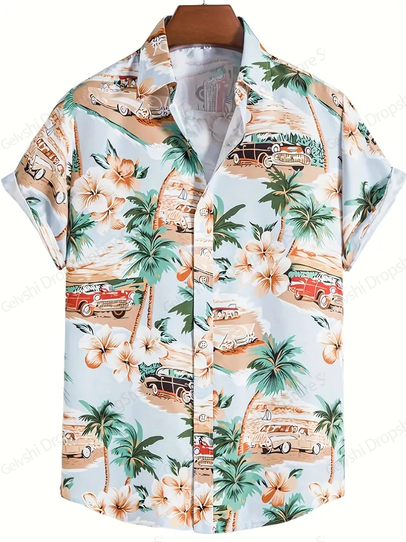 Men Shirts Cat Car Coconut Tree Graphic Print Hawaiian Shirt Men Women Fashion Floral Hawaiian Shirt Short Sleeve Blouse Camisa