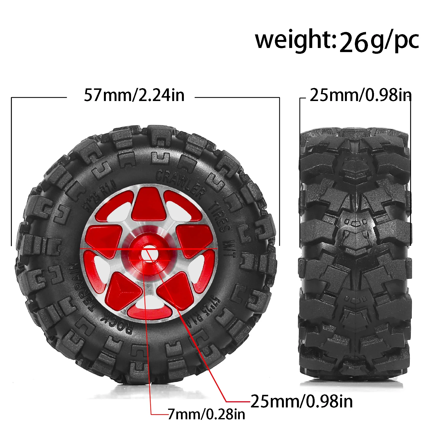 4pcs 57mm 1.0" Metal Beadlock Wheel Tire Set For 1/18 1/24 RC Crawler Car TRX4M SCX24 AX24 FCX24 Upgrade Parts Accessories