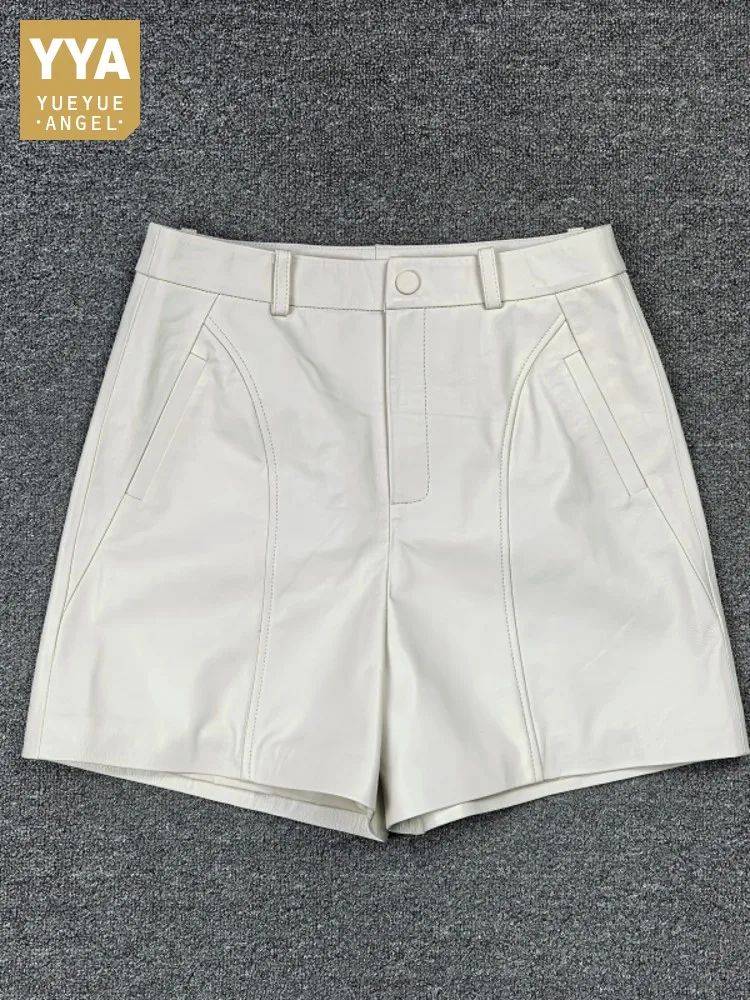 

Весенне-летние женские шорты из натуральной овечьей кожи с высокой талией, модные, мягкие, из натуральной кожи, однотонные, с расклешенным низом