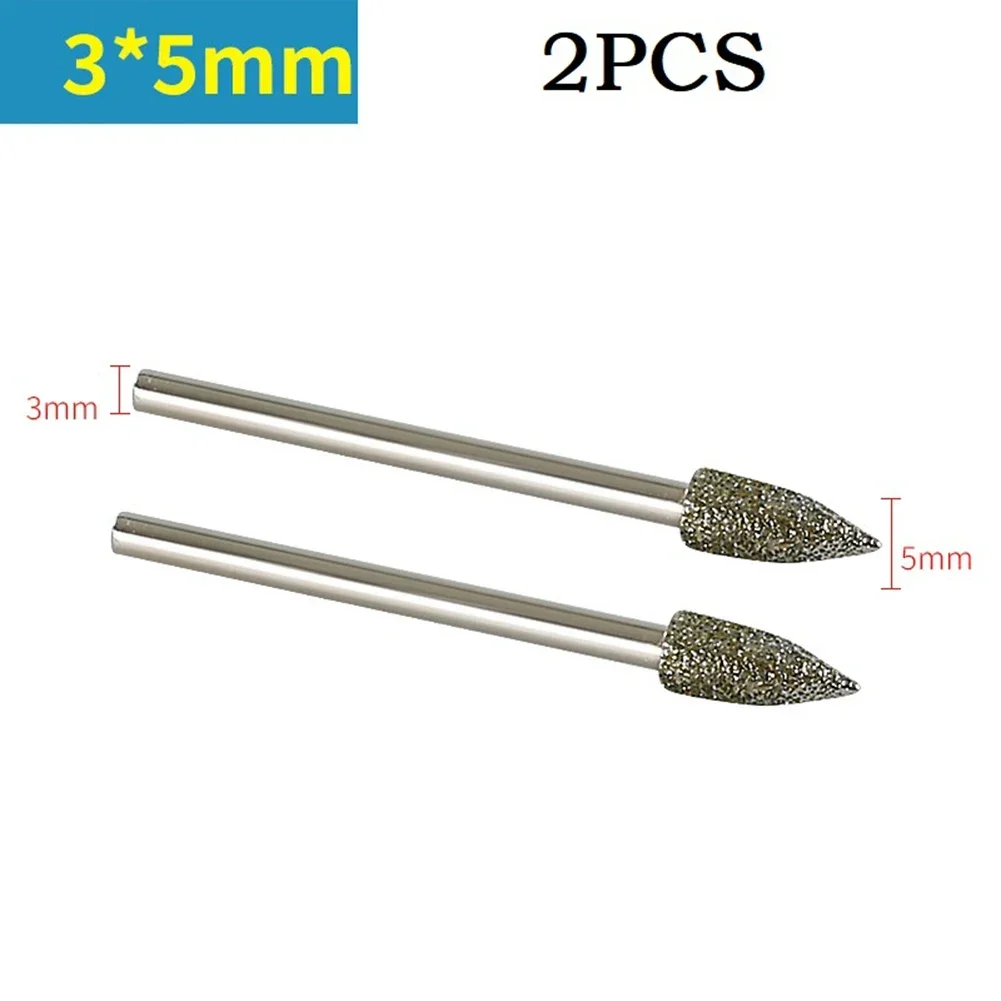 2pcs 3mm Shank Diamond Grinding Head Mounted Bit Burrs Diamond Grinding Wheel For Jade Metal Stone Rotary Tool Access 5/6/8mm