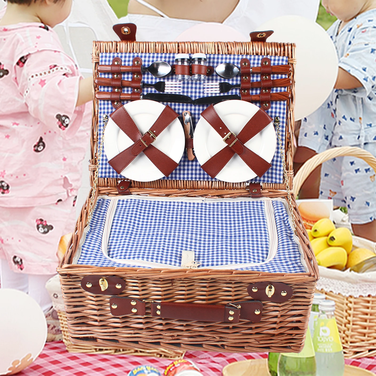 

4 Person Insulated Picnic Basket Set Wicker Basket with Picnic Ware Set for Fruits Beverages Storage Camping Outdoor