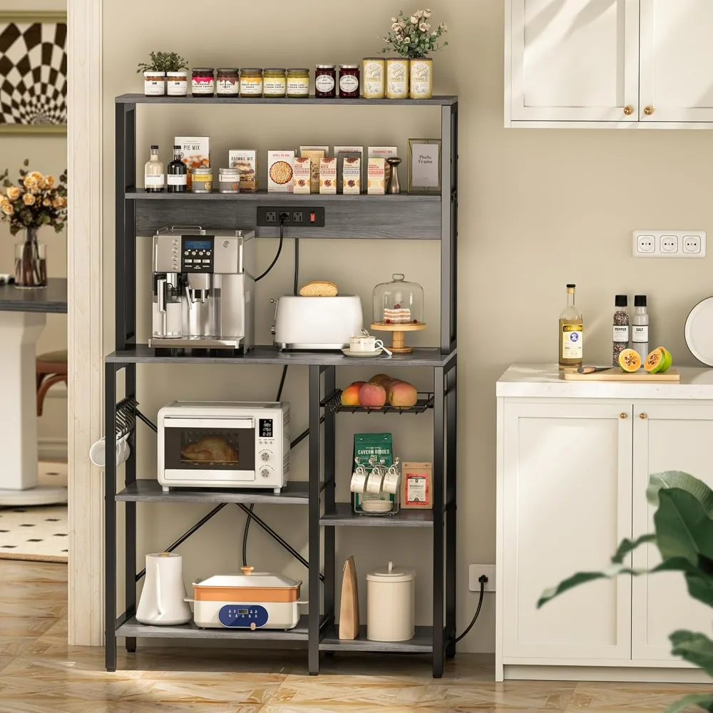 Bakers Rack with Power Outlet, 35.4 Inches Coffee Bar, Kitchen Microwave Stand with 6 S-Shaped Hooks, Open Storage Shelves