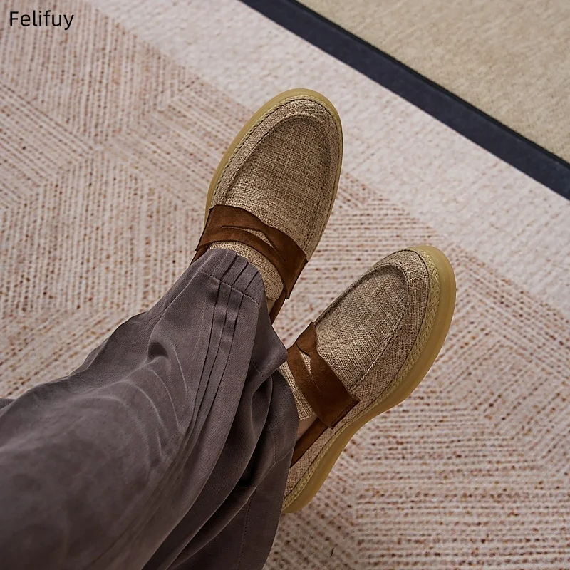 Men's Slip On Retro Linen Loafers Preppy Lightweight Breathable Comfort Outdoor Flats Genuine Leather Casual Daily Walking Shoes