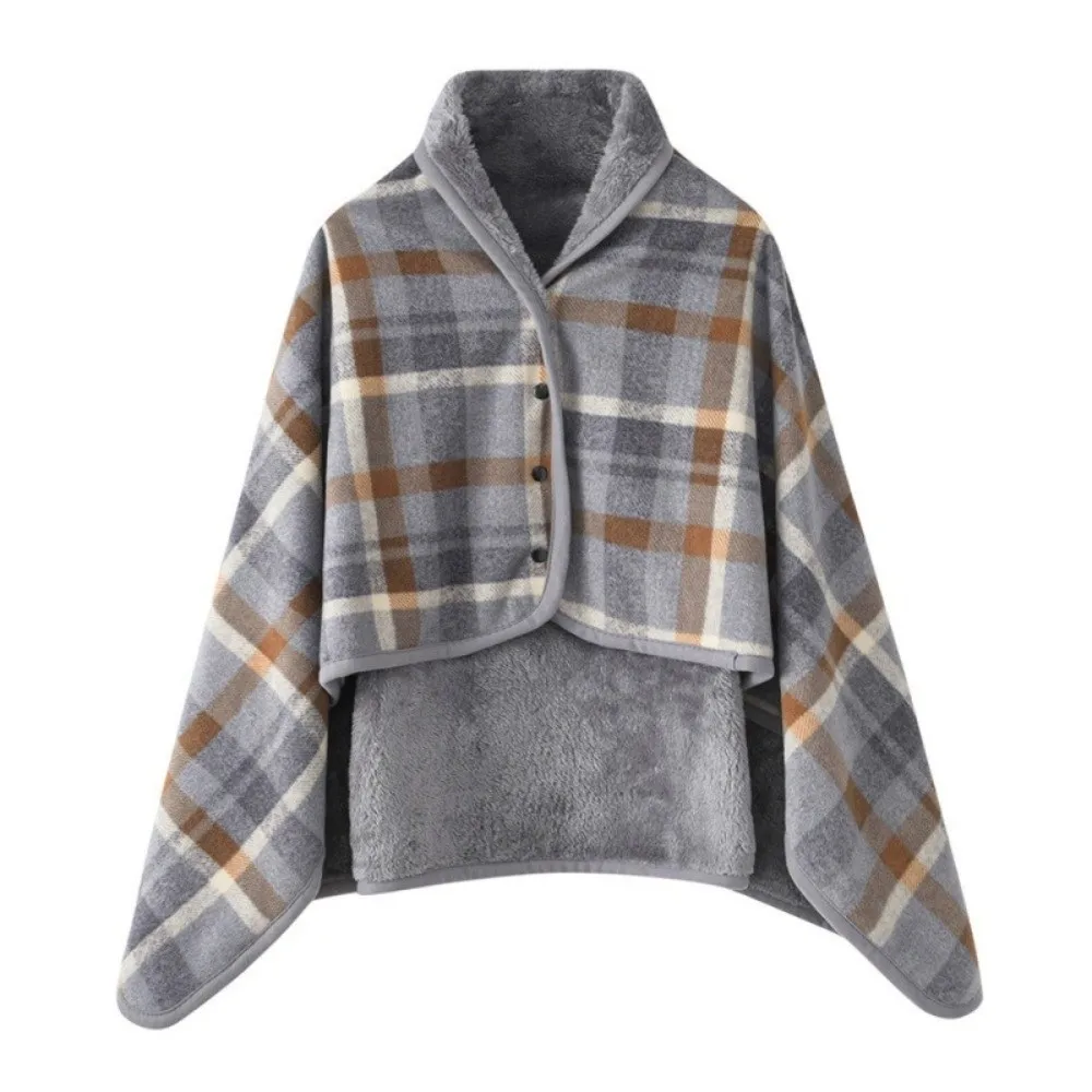 Flannel Material Wearable Blanket Plaid Pattern Soft Texture Throw Blanket Thick Knit Button Closure Wrap Blanket Napping Time
