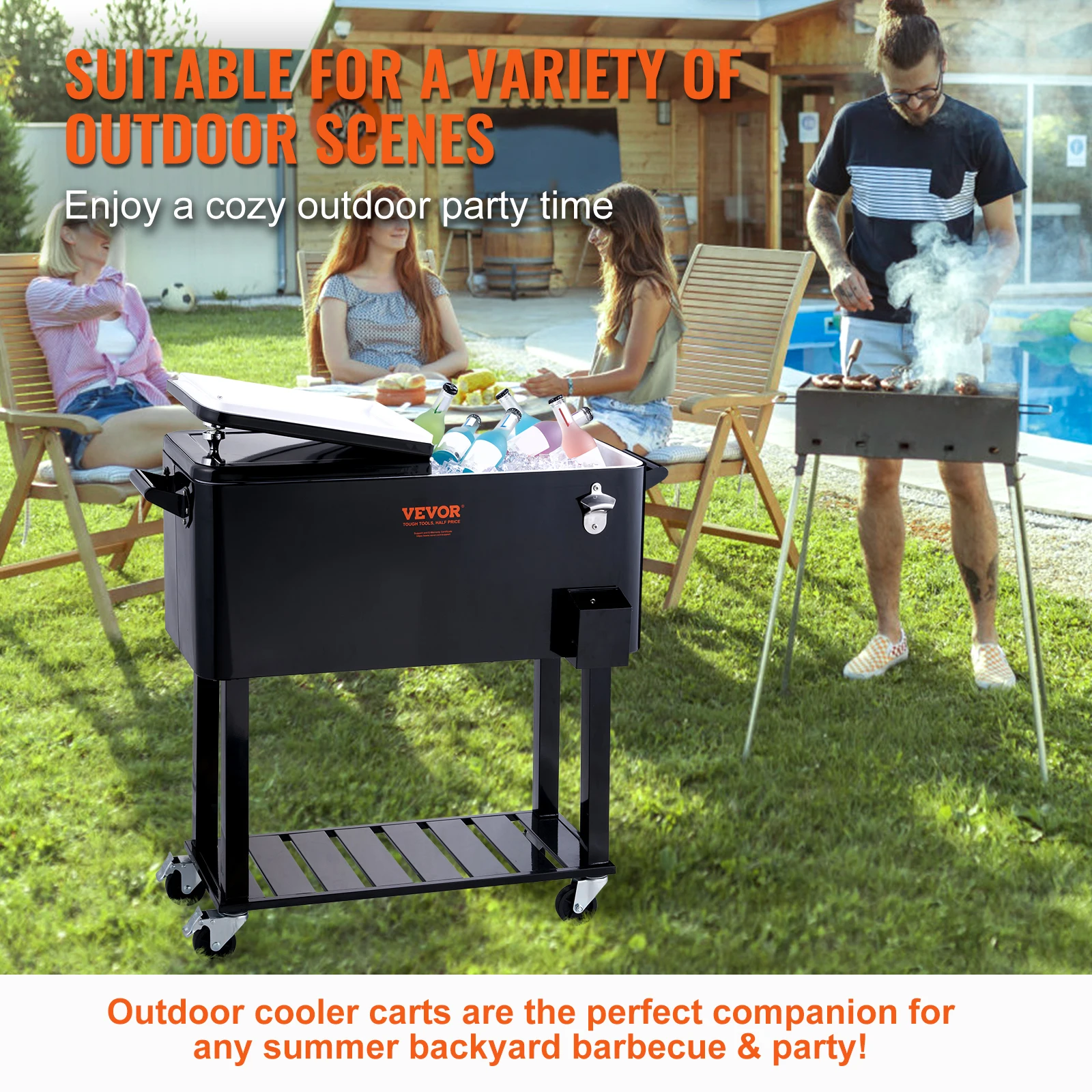 VEVOR 80 Quart Rolling Ice Chest Cooler Cart Portable Bar Drink Cooler Beverage Bar Stand Up Cooler for Patio Backyard
